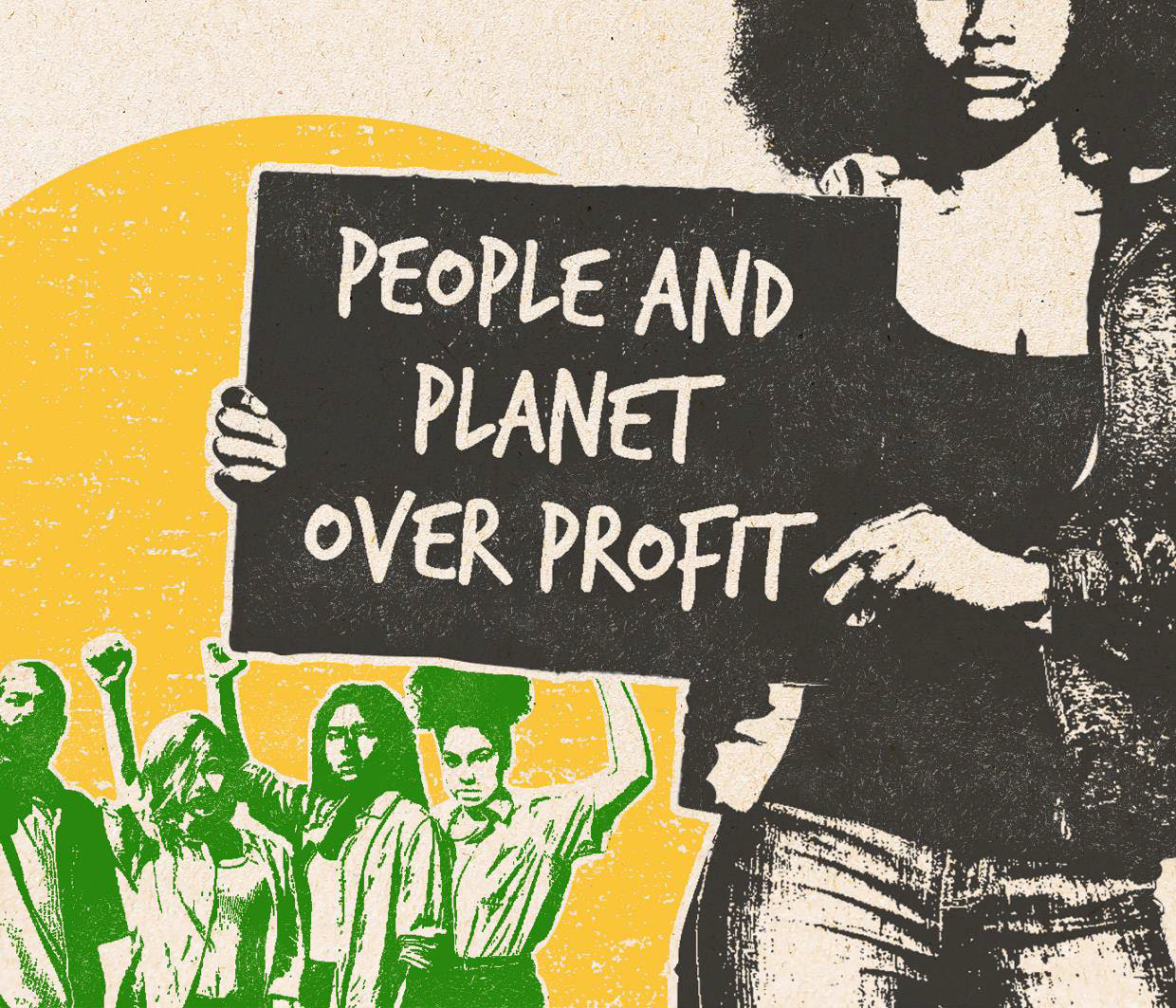 Woman holding sign which reads People and Planet Over Profit