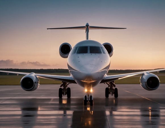 Private jet sitting on the runway at dusk