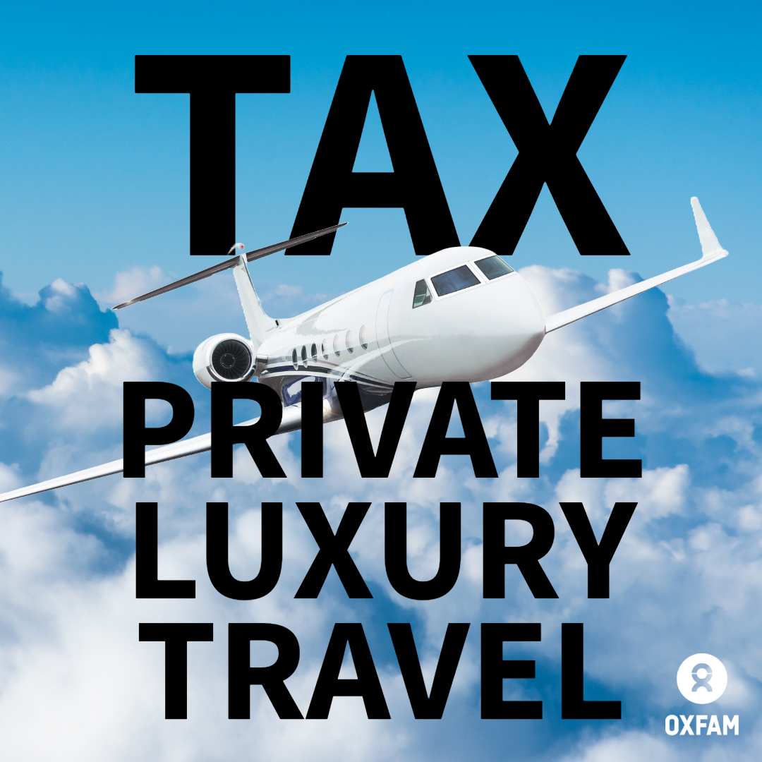 Tax private luxury travel text over image of private jet flying in blue sky